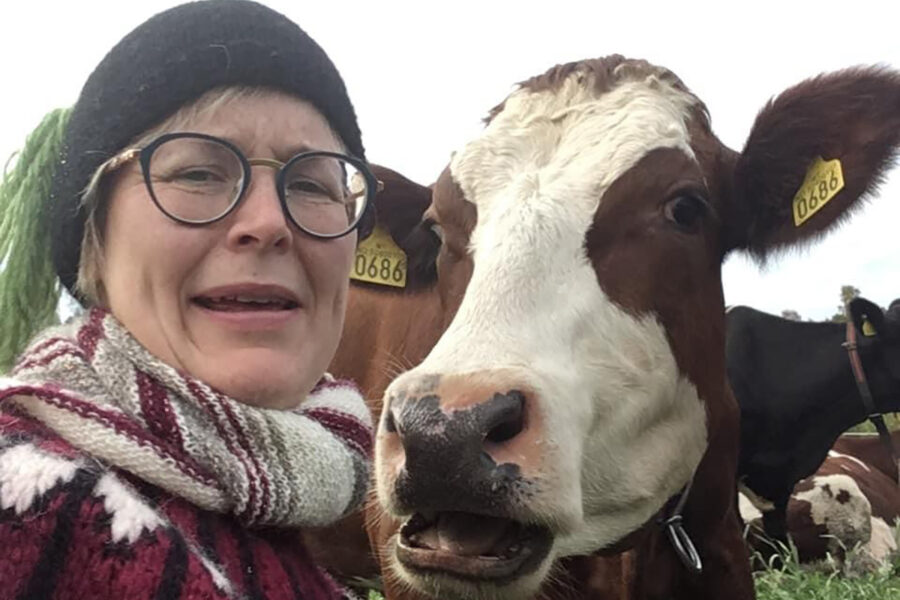 Gudny på Borhaug gård med en ku